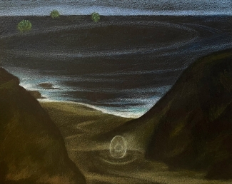 Drawing by Elizabeth Shull of a glowing egg between cliffs on a coastline