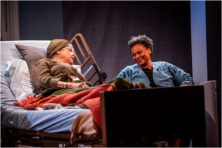 A photograph of a scene from Ladysitting. Nana lies in a hospital bed while Lorene Cary's character sits beside her with a warm smile.