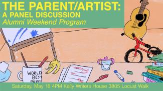 Colorful drawing of a desk cluttered with papers, pens, books, a banana peel, a sip cup and children's toys.