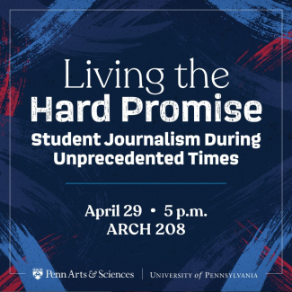 Red and blue event flyer for "Living the Hard Promise: Student Journalism During Unprecedented Times"