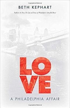 Text set in the shape of the LOVE statue with a background of Philadelphia architecture