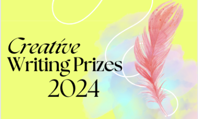 Flyer for creative writing prizes with a pink feather on a green background