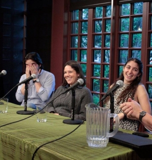 A photograph of an alumni panel at Kelly Writers House. The participants are laughing and smiling.