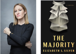 An author photo of Elizabeth Silver beside the cover of her novel The Majority
