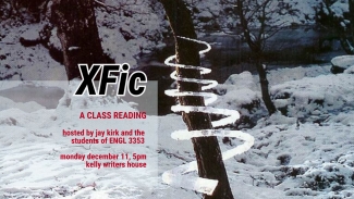 Event poster featuring a photo of a sculpture by artist Andy Goldsworthy of an ice spiral wrapping around a tree trunk