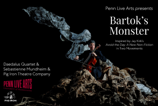 An event poster for Bartok's Monster showing a man playing a cello amidst a flowing paper sculpture