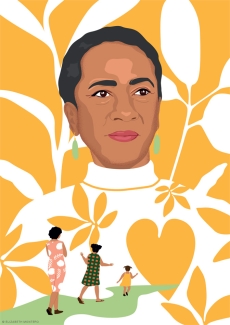 An artistic rendering of writer Lorene Cary emerging from a background of yellow leaves. In the foreground of the portrait, three generations of Black women walk down a path, the child in the lead.