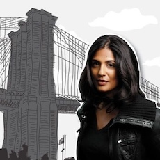 A headshot of Mira Jacob in front of a drawing of the Brooklyn Bridge