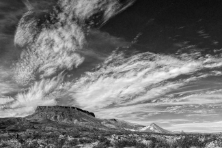 Black and white photograph of a butte in the Chihuahuan Desert, Contrabando Area