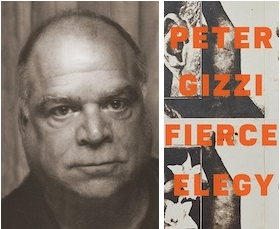 Author photo of Peter Gizzi alonside the cover of his book Fierce Elegy