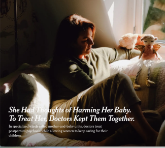 Photo of a woman sitting on a couch surrounded by children's toys