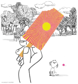 Illiustration of a hand holding a bright popsicle before a black and white background of trees