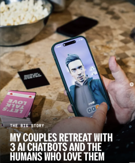 A pair of human hands holding a phone that displays an AI avatar